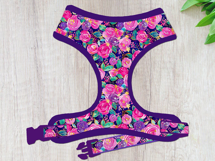 Preppy Rose floral dog harness vest/ summer spring harness/ purple flower dog harness/ winter autumn harness/ girl small medium dog harness