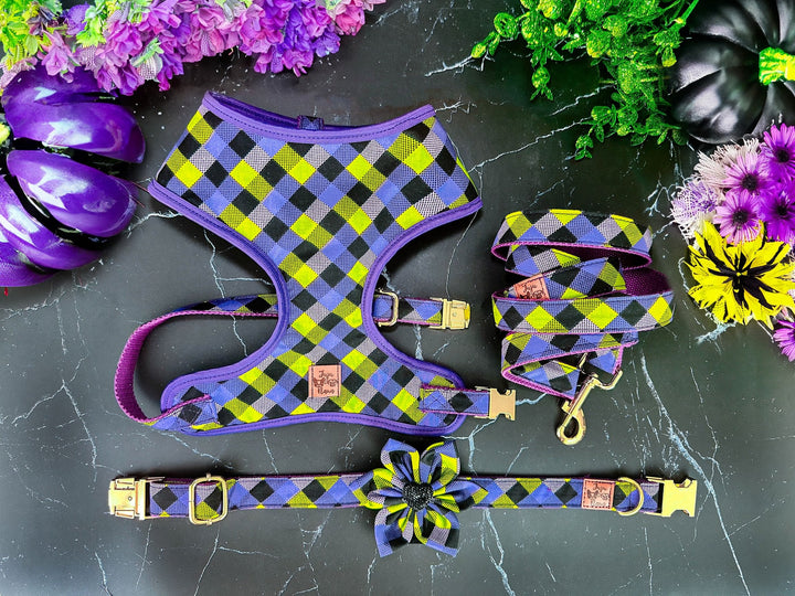 Halloween Dog harness - Purple Green Plaid