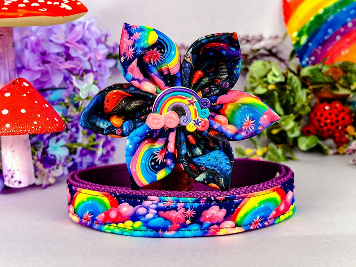 rainbow galaxy dog collar with flower/ summer dog collar/ tribal aztec dog collar/ boho girl dog collar/ large small medium collar