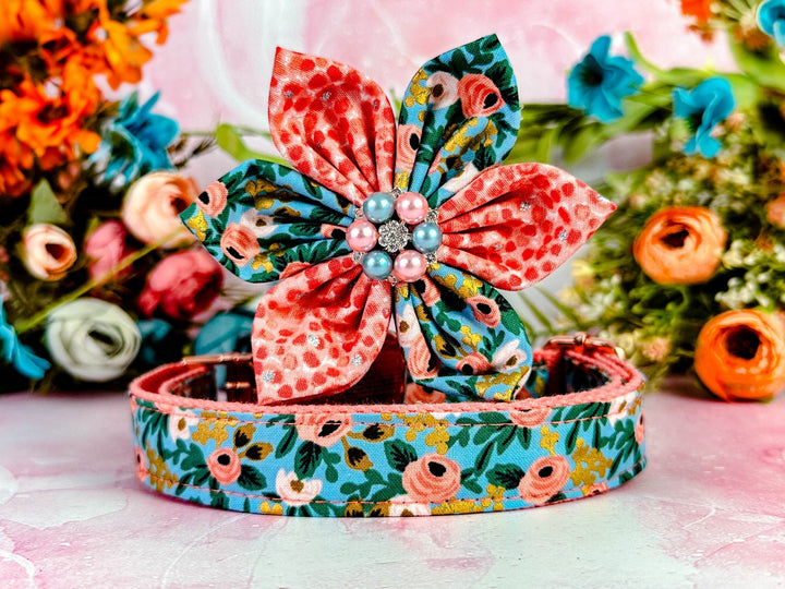 Girl dog collar flower/ Rifle paper co floral collar/ small large dog collar/ designer boho fabric collar/ blue white rose puppy collar