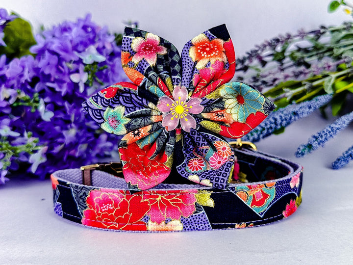 japanese kimono dog collar flower/ floral girl collar/ cherry blossom dog collar/ white purple large small dog collar/ female puppy collar