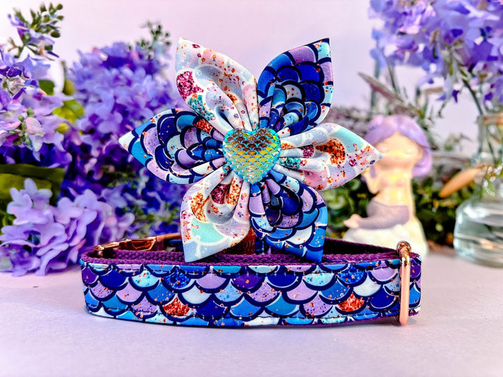 Dog collar with flower - purple glitter mermaid scales