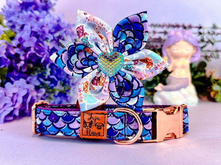 Dog collar with flower - purple glitter mermaid scales