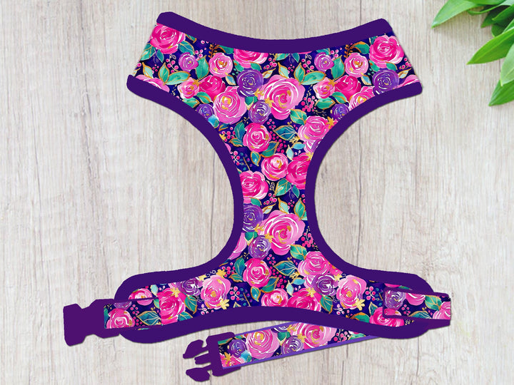 Preppy Rose floral dog harness vest/ summer spring harness/ purple flower dog harness/ winter autumn harness/ girl small medium dog harness