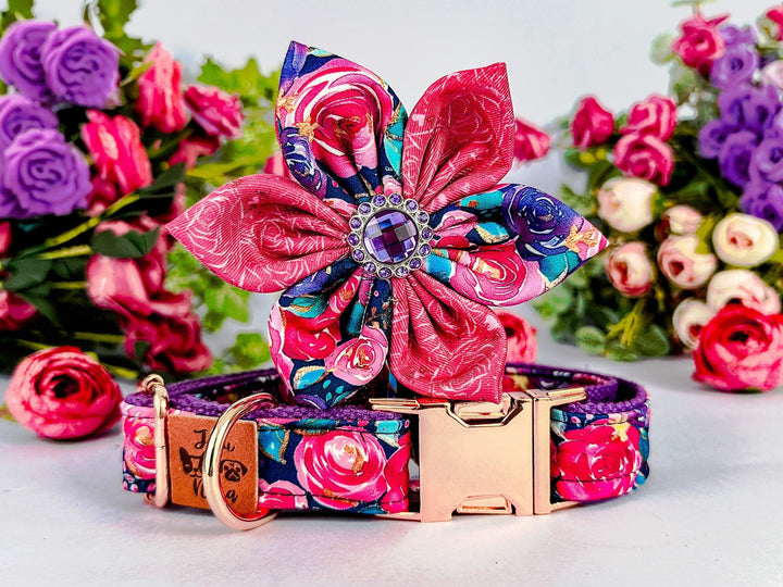 rose floral dog collar with flower/ purple summer spring dog collar