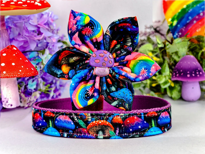 Rainbow mushroom dog collar with flower/ colorful dog collar/ skeleton floral dog collar/ small summer spring large dog collar