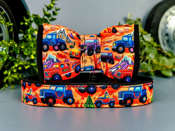 SUV adventure dog collar bow tie / cute boy car dog collar/ vehicle steam shovel dog collar/ small medium nolvety truck dog collar