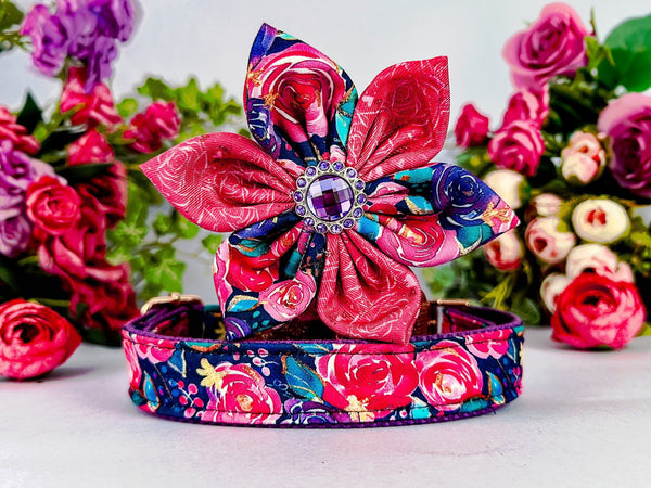 rose floral dog collar with flower/ purple summer spring dog collar