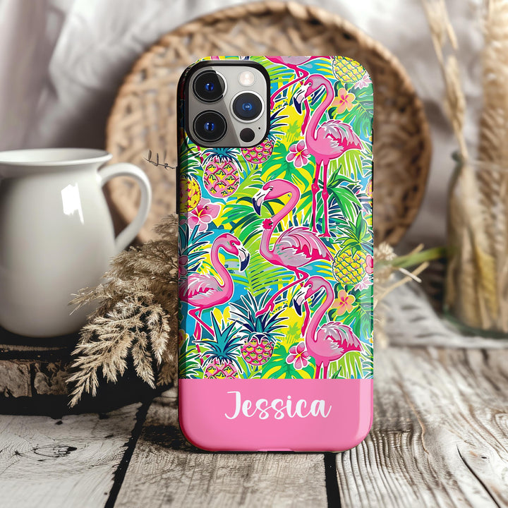 Custom Name Flamingo pineapple Iphone case/ Preppy Tropical Phone Case/ iPhone tough Case Personalized Monogram/ iPhone 15 14 Plus 13 12