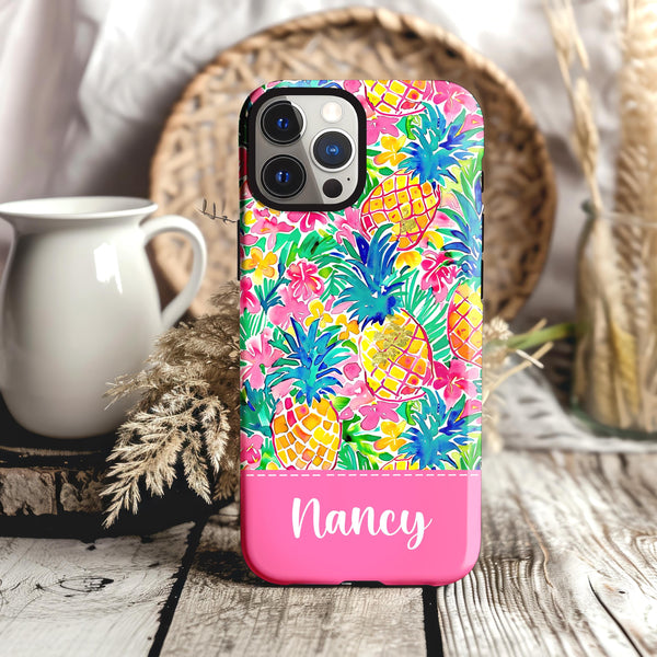 Custom Name pineapple floral Iphone case/ Preppy Tropical flower Phone Case/ iPhone tough Case Personalized Monogram/ gift for mom for her