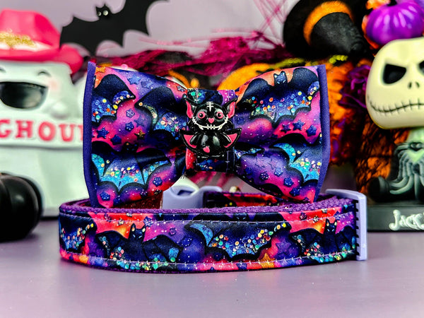 Purple Halloween bat dog collar bow tie/ spooky boy dog collar/ small large cute dog collar/ holiday fabric dog collar/ medium puppy collar