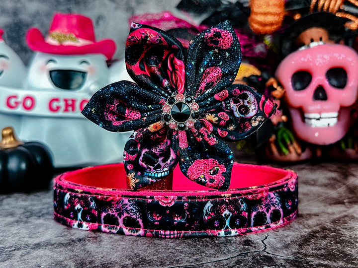 Halloween Sugar skull dog collar flower/ day of the dead dog collar/ floral skeleton dog collar/ cute purple pink collar/ Large small collar