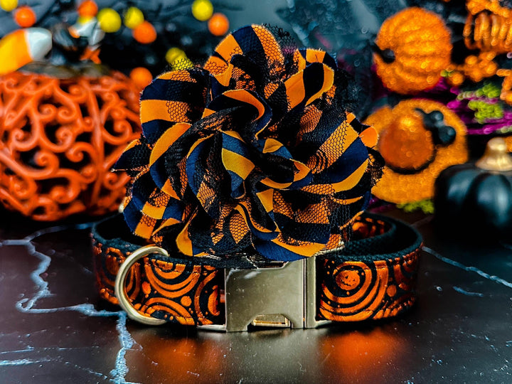 Metallic Halloween jack o lantern dog collar flower/ girl pumpkin dog collar/ cute large small medium dog collar/ orange black dog collar