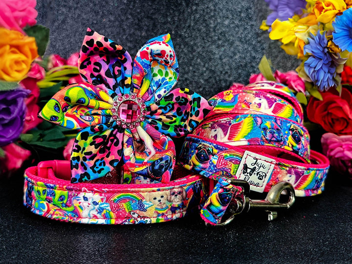 Rainbow 90's girl animals dog harness leash set/ colorful leopard harness and lead/ custom summer winter dog harness vest/ pride dog harness