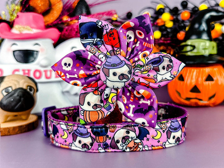 Purple Halloween Pug dog collar flower/ French bulldog girl dog collar/ pumpkin spooky dog collar/ boston terrier Frenchie dog collar