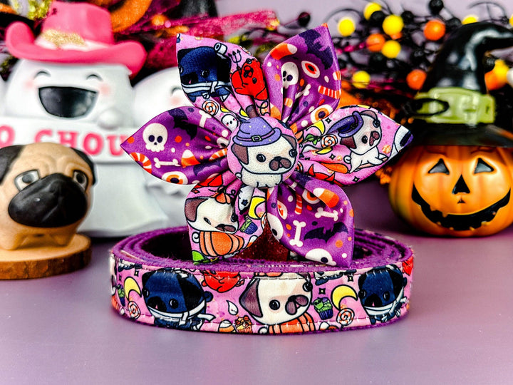 Purple Halloween Pug dog collar flower/ French bulldog girl dog collar/ pumpkin spooky dog collar/ boston terrier Frenchie dog collar