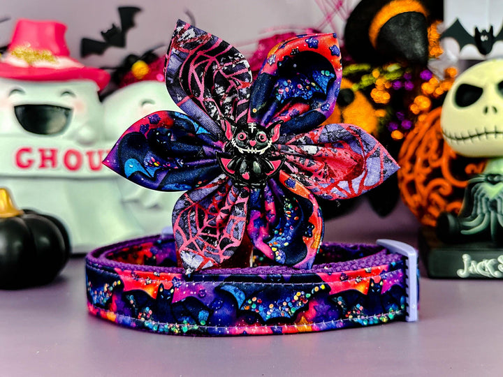 Halloween bat dog collar flower/ spider web dog collar/ girl spooky dog collar/ large small medium puppy dog collar/ holiday fabric collar