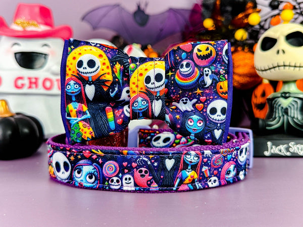 Rainbow Halloween nightmare dog collar bow tie/ Jack Sally Skellington dog collar/ spooky ghost dog collar/ large small medium dog collar