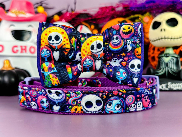 Rainbow Halloween nightmare dog collar bow tie/ Jack Sally Skellington dog collar/ spooky ghost dog collar/ large small medium dog collar