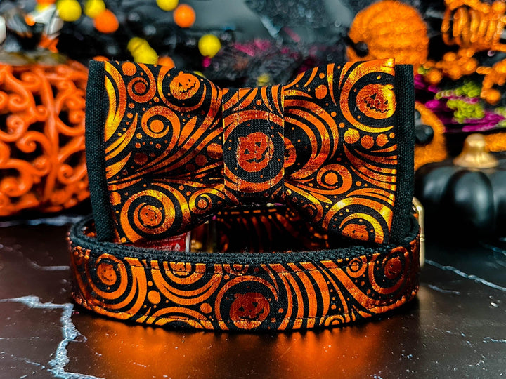 Metallic Halloween jack o lantern dog collar bow tie/ boy pumpkin dog collar/ cute large small medium dog collar/ black orange collar