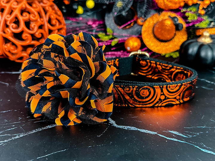 Metallic Halloween jack o lantern dog collar flower/ girl pumpkin dog collar/ cute large small medium dog collar/ orange black dog collar