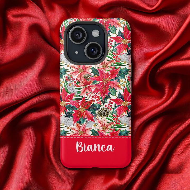 Christmas poinsettia floral Iphone case cover/ preppy winter flower tough phone case/ personalized Christmas gift/ custom name Phone Case