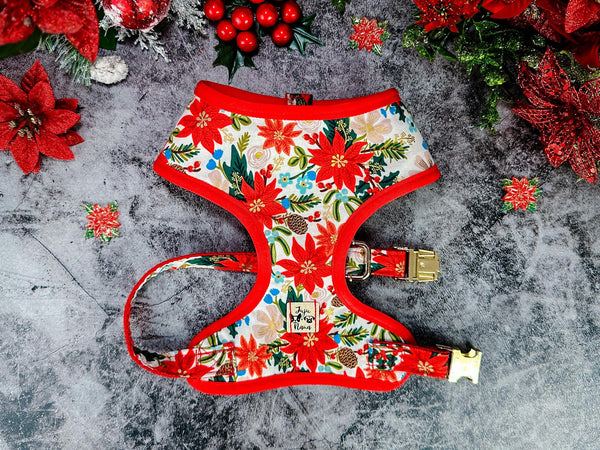 Rifle Paper Co dog harness - white christmas poinsettia - Red Trim