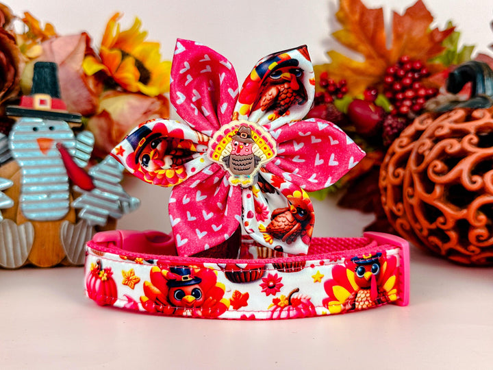 Pink Thanksgiving turkey dog collar flower/ girl Fall dog collar/ autumn harvest dog collar/ cute pumpkin dog collar/ large small dog collar