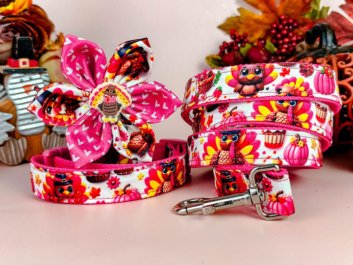 Pink Thanksgiving turkey dog collar flower/ girl Fall dog collar/ autumn harvest dog collar/ cute pumpkin dog collar/ large small dog collar