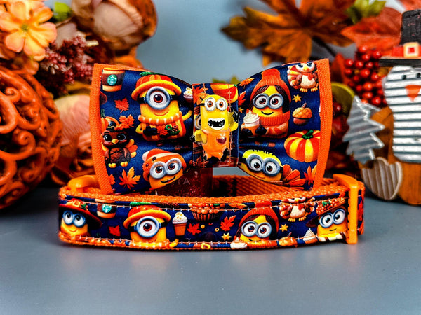 Fall Minions leaves dog collar with bow tie/ autumn harvest dog collar/ boy thanksgiving dog collar/ cute pumpkin turkey fabric dog collar