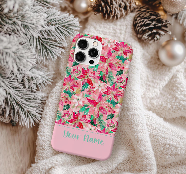 Personalized pink Christmas poinsettia Iphone case/ Christmas gift/ custom name Samsung Phone Case/ floral preppy flower iphone tough Case