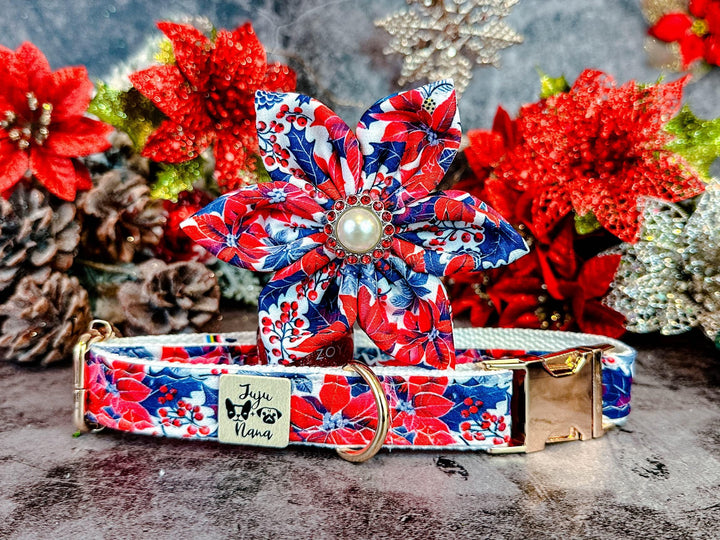 Christmas retro poinsettia dog collar flower/ luxury custom girl dog collar/ adjustable personalized collar/ design small large dog collar