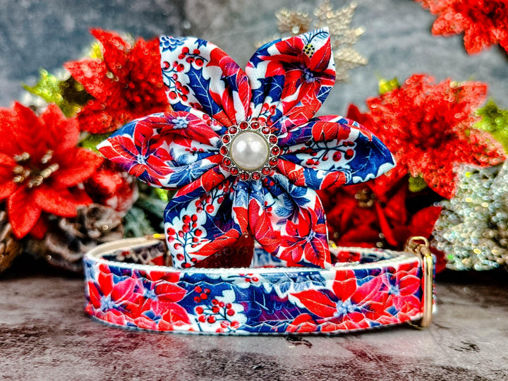 Christmas retro poinsettia dog collar flower/ luxury custom girl dog collar/ adjustable personalized collar/ design small large dog collar