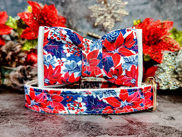 Christmas retro poinsettia dog collar bow tie/ luxury custom girl dog collar/ adjustable personalized collar/ design small large dog collar