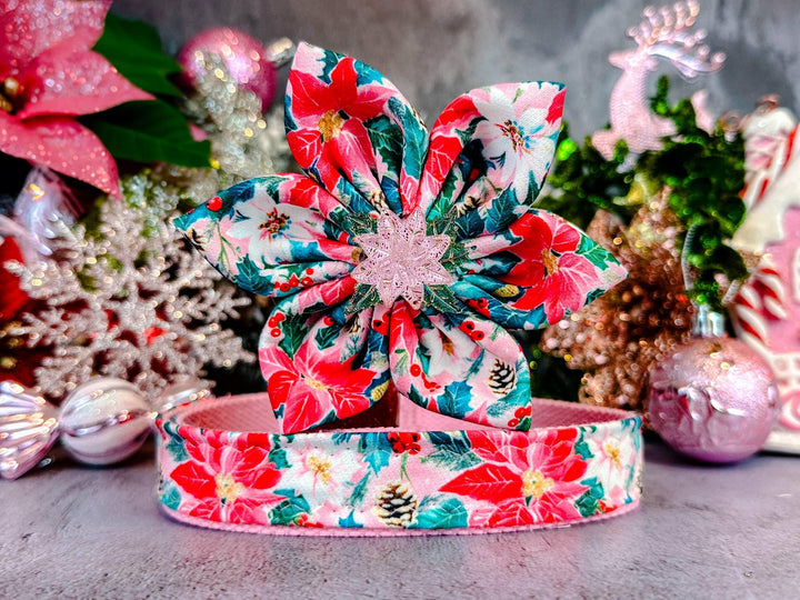 Pink Christmas poinsettia dog collar flower/ luxury custom girl dog collar/ adjustable personalized collar/ design small large dog collar