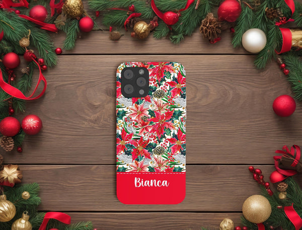 Christmas poinsettia floral Iphone case cover/ preppy winter flower tough phone case/ personalized Christmas gift/ custom name Phone Case