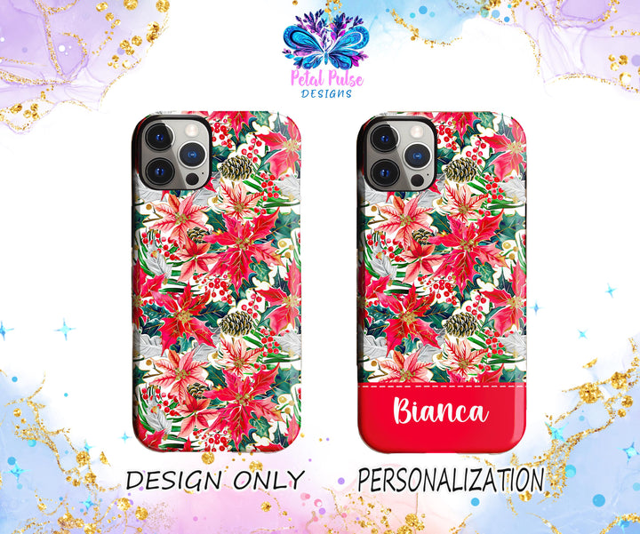 Christmas poinsettia floral Iphone case cover/ preppy winter flower tough phone case/ personalized Christmas gift/ custom name Phone Case