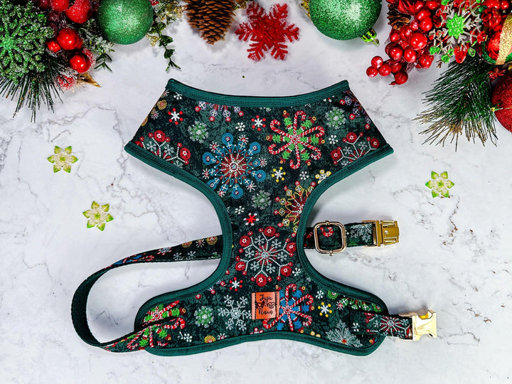 Christmas dog harness - Green Colorful Glitter Snowflakes