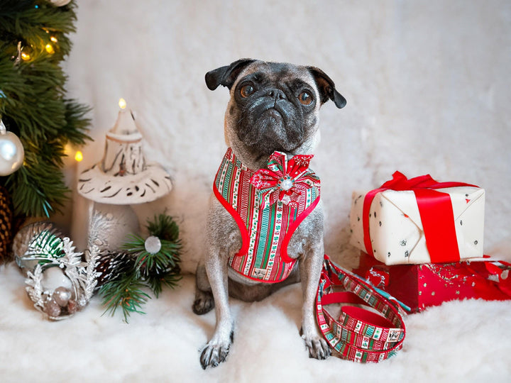 Christmas stripe dog harness vest/ girl boy dog harness/ ugly sweater dog harness/ holiday embroidery winter harness/ deer snowflake harness