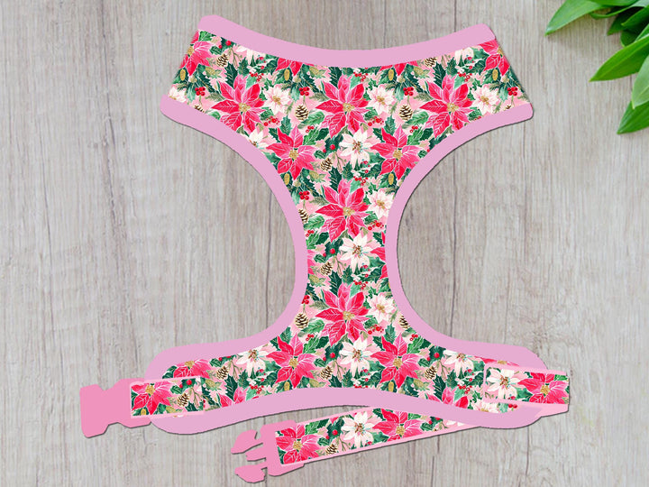 Pink Christmas Poinsettia flower dog harness/ floral girl dog harness vest/ Boho rose female fabric harness/ small medium dog puppy harness