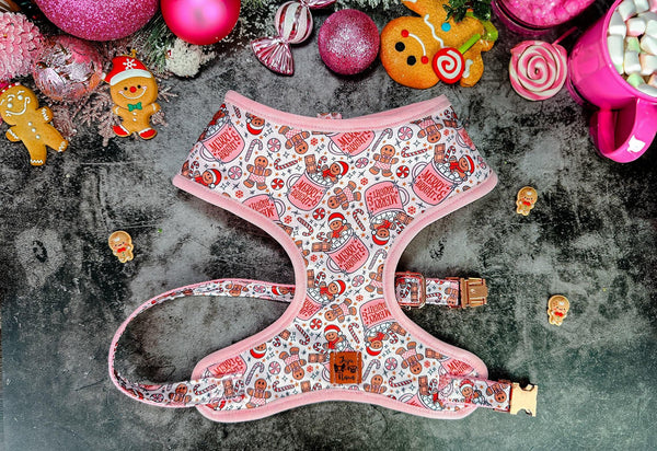 Pink Christmas Dog harness - gingerbread and marshmallows