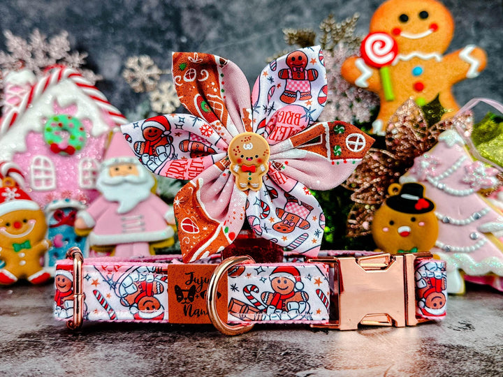 Dog collar with flower - Pink Christmas gingerbread and marshmallow