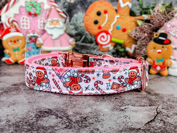 Christmas dog collar - pink Christmas gingerbread man and marshmallow