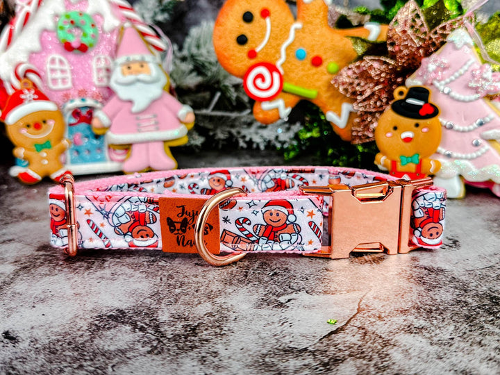 Christmas dog collar - pink Christmas gingerbread man and marshmallow