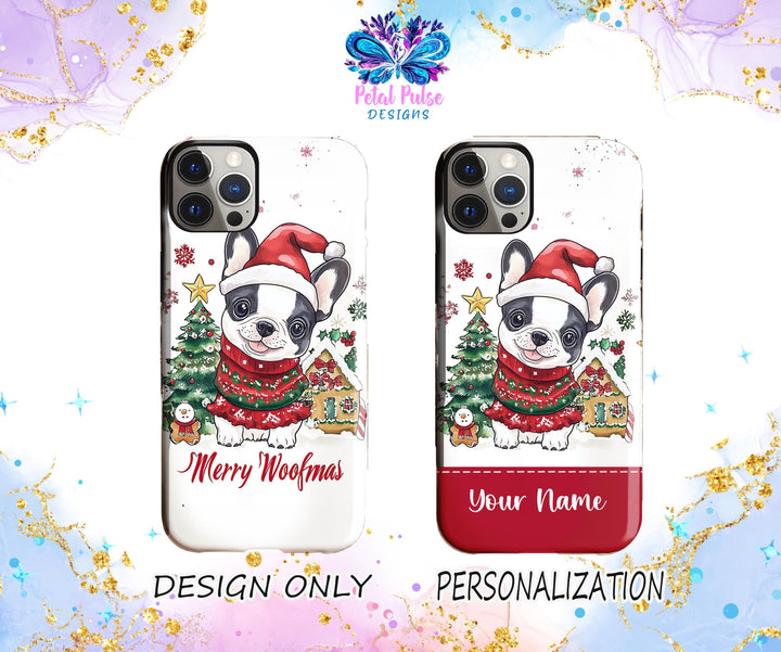 Personalized Christmas Pied French bulldog dog Iphone case/ Frenchie Boston Terrier phone case/ custom Christmas gift for dog owner lover