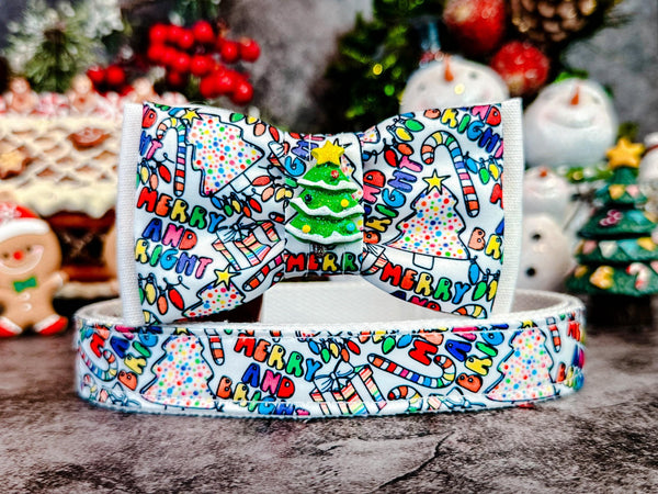 white rainbow Christmas tree dog collar bow tie/ festive boy dog collar/ pet accessory/ Christmas gift dog/ cute winter holiday dog collar