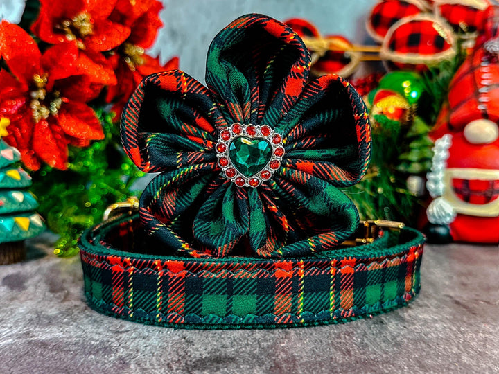 Red Green Christmas plaid dog collar flower/ Holiday winter tartan dog Collar/ festive pet cat collar accessory/ girl personalized collar