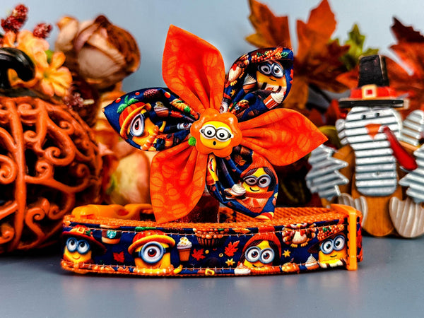 Fall Minions leaves dog collar with flower/ autumn harvest dog collar/ girl thanksgiving dog collar/ cute pumpkin turkey fabric dog collar