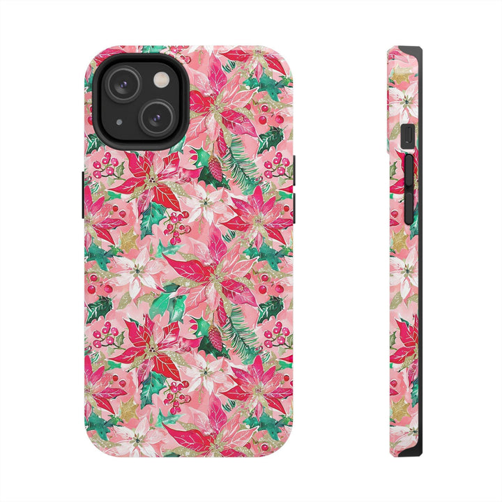 Personalized pink Christmas poinsettia Iphone case/ Christmas gift/ custom name Samsung Phone Case/ floral preppy flower iphone tough Case