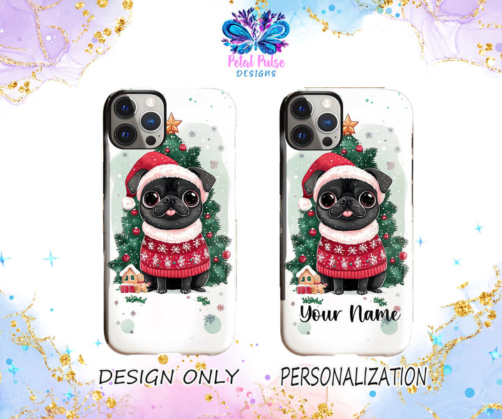 Custom Christmas Black pug dog Iphone case/ winter Personalized phone cover/ Christmas gift for dog owner lover/ Samsung iPhone tough Case